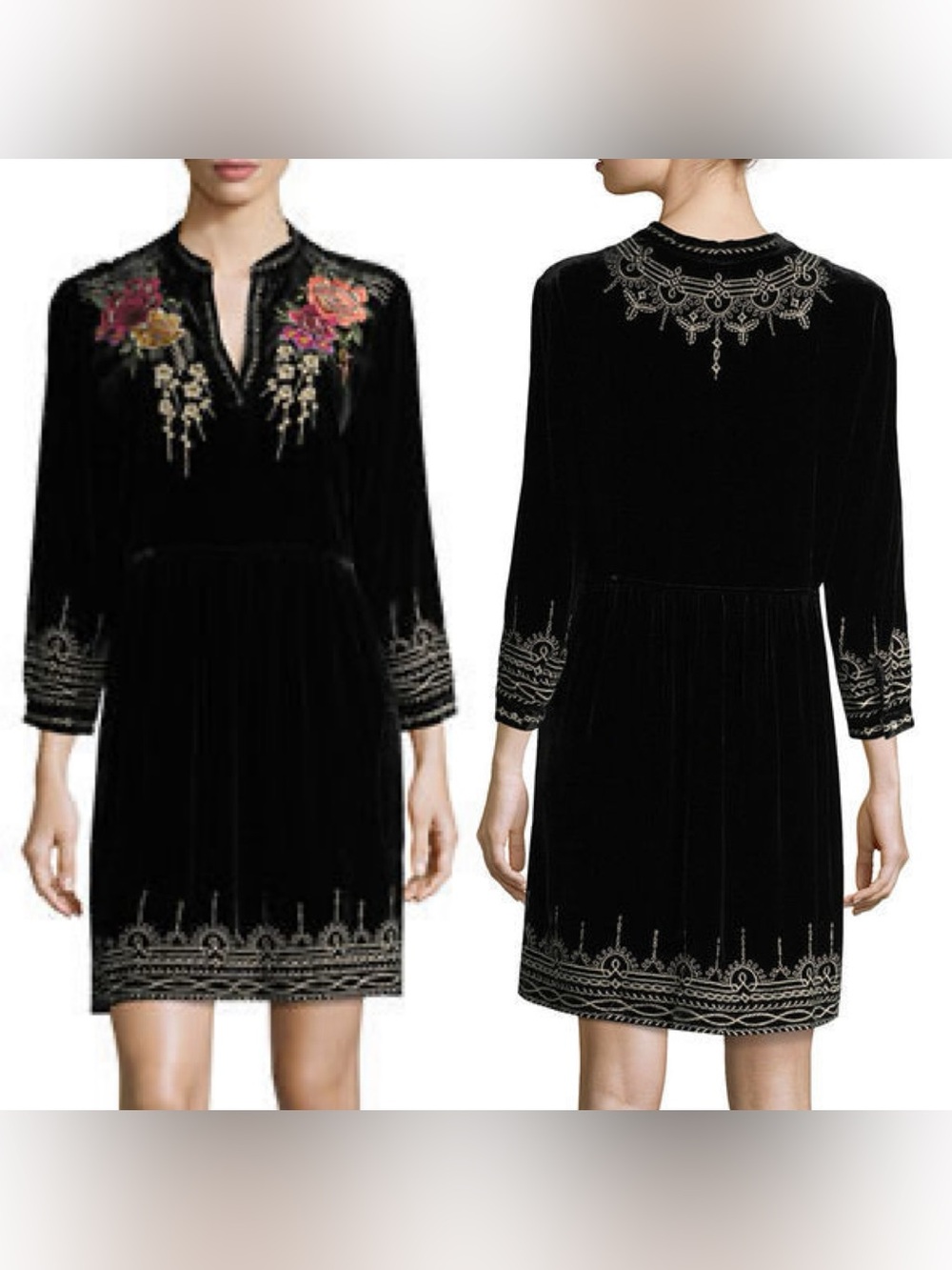 JOHNNY WAS Embroidered Black Velvet
Floral Bohemian 3/4 Sleeve Dress Size XS